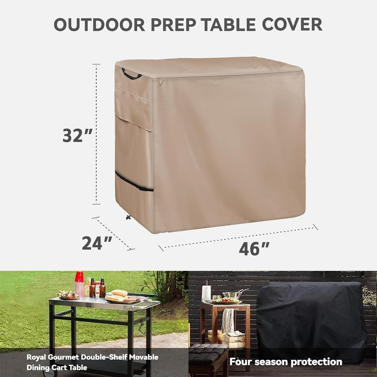 Outdoor Prep Table Cover -Khaki Heavy Duty Waterproof Cover for PC3404S Rolling Dining Table Compatible with 46 inch Outdoor Utility Cart