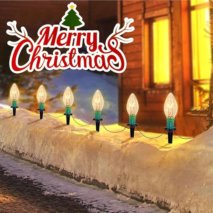 C9 Christmas Pathway Lights, 38FT Clear Christmas Pathway String Lights with 25 Incandescent Bulbs and Stakes for Outdoor Walkway Driveway Backyard Christmas Decorations, Warm White