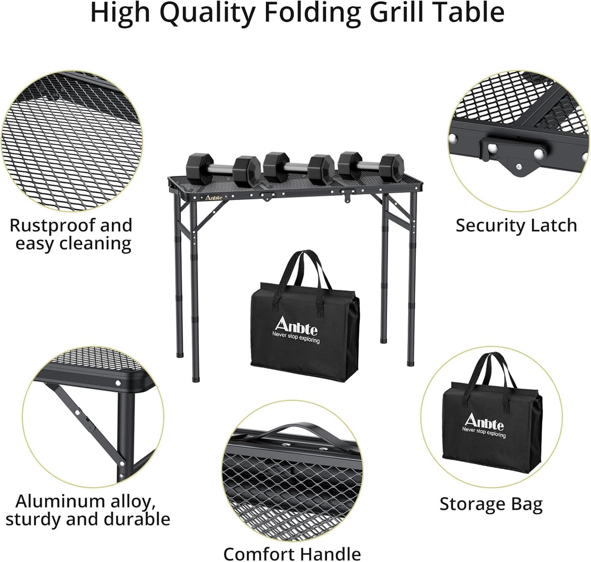 Folding Grill Table, Aluminum Camping Table Adjustable Height Max 27.5" Picnic Table Outdoor Table, Lightweight, Portable Handle for Travel Cooking BBQ Picnic, 35" x 16", Black