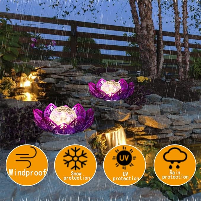 12 inches Solar Lights Outdoor Garden, Crackle Globe Glass Lotus Decoration, Waterproof LED Metal Flower Lights for Patio,Lawn,Walkway,Tabletop,Ground Gardening Gifts (Purple Hollow)
