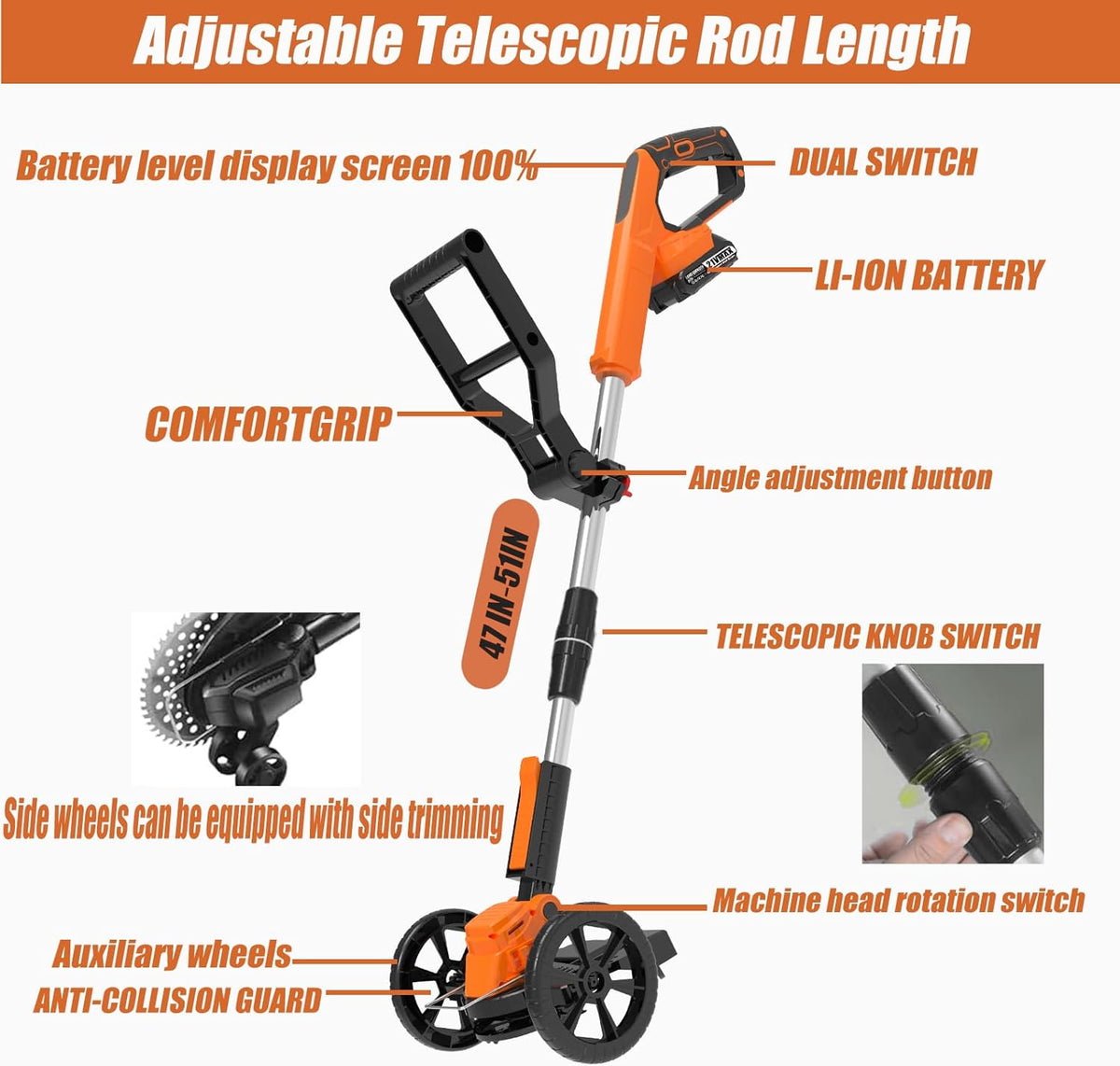 Weed Wacker Battery Powered Electric Cordless Weed Trimmer, with 2Pcs 21V Battery 5 Types Blades Lightweight Grass Trimmer Edger Lawn Tool, Push Wheeled No-String Trimmer for Garden Yard