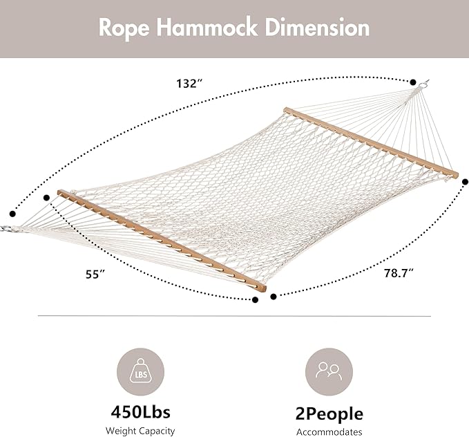ANOW Rope Hammock Double Hammock with Hardwood Spreader Bar and Carrying Bag, 450 LBS Weight Capacity for Two Person, Natural