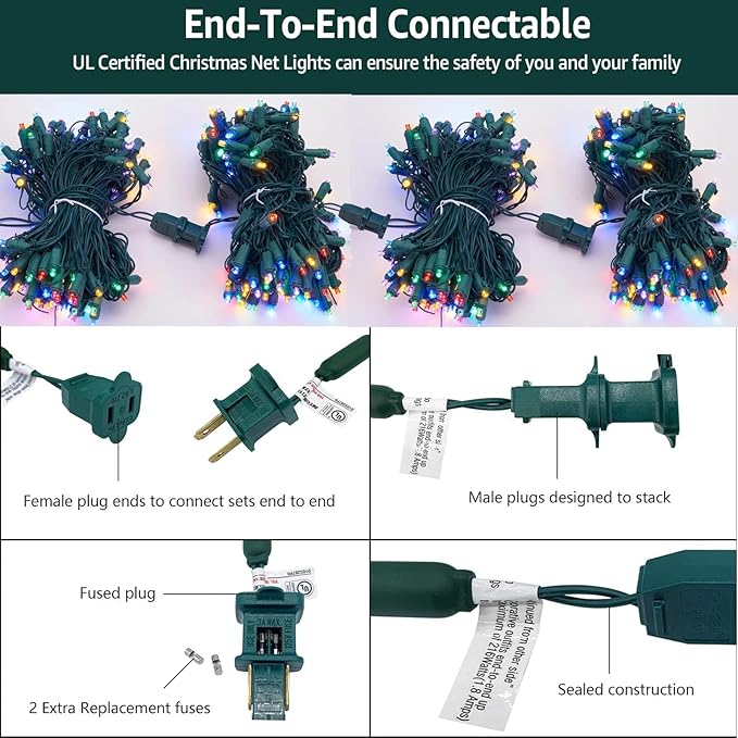 6Ftx4Ft LED Christmas Net Lights Green Wire,Connectable UL Certified Waterptoof Net Lights for Bushes Trees Shurb Garden Outdoor Christmas Decorations