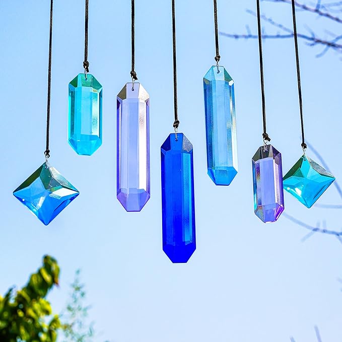 HDCRYSTALGIFTS Crystal Prisms Sun Catchers, 7PCS Blue Dreams Suncatcher Hanging Kit Rainbow Maker Pendant Ornaments for Indoor Window Outdoor Garden Christmas Tree Decor