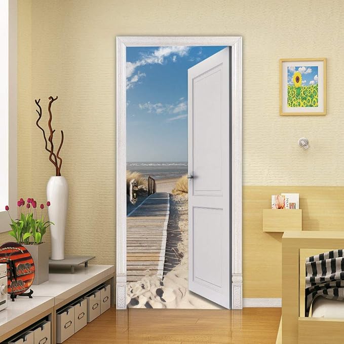 3D Door Wallpaper Self-Adhesive Door Poster - Beach Street - Door Film Photo Wallpaper Premium PVC Waterproof Door Sticker Wall Sticker for Bedroom Living Room Door Decoration Stickers 95 x 215 cm