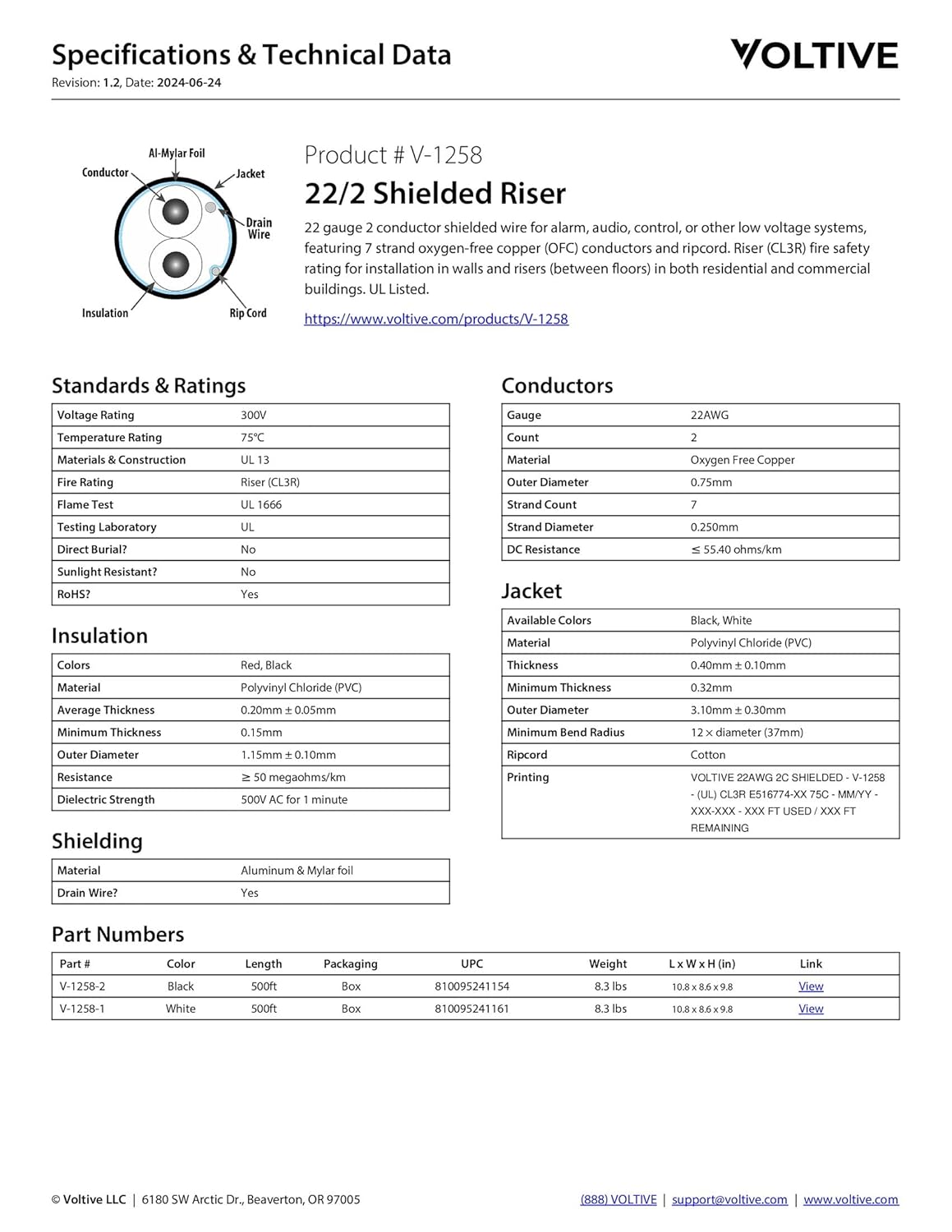 Voltive 22/2 Shielded Riser - CL3R Rated - Bare Copper - 500 Foot Box - Black