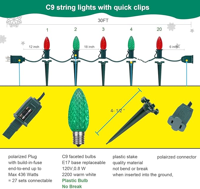 C9 Christmas Pathway Lights with Stakes,Red Green,30 Ft 20 Strawberry LED Bulbs and Stakes,Connectable Shatterproof Outdoor Lights Marker for Xmas Yard Garden Path Lawn Walkway Sidewalk