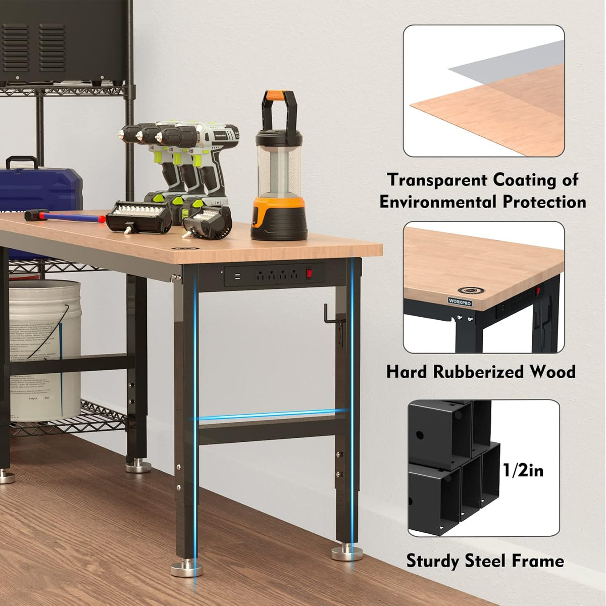 WORKPRO 60" Adjustable Workbench, Rubber Wood Top Heavy-Duty Workstation, 2000 LBS Load Capacity Hardwood Worktable with Power Outlets, for Workshop, Garage, Pack of 2