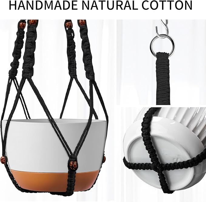 43 Inch Macrame Plant Hanger - Fits 6-15 Inch Pots, Extra Long Hanging Planter Holder for Indoor Outdoor, with Red Wood Beads, Boho Home Decor, 2 Pack, Black (POTS NOT Included)
