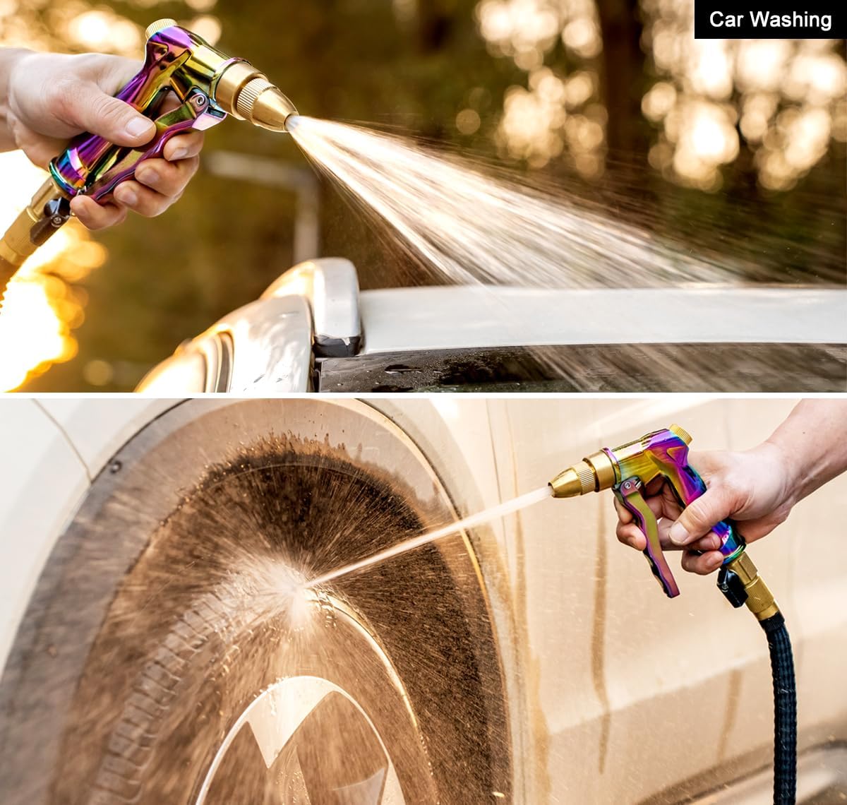 ESOW Heavy Duty Metal Garden Hose Nozzle, High Pressure Water Hose Nozzle with 4 Spray Patterns Rotating, Ideal for Outdoor Lawn & Garden Watering, Car & Pet Washing, Rainbow