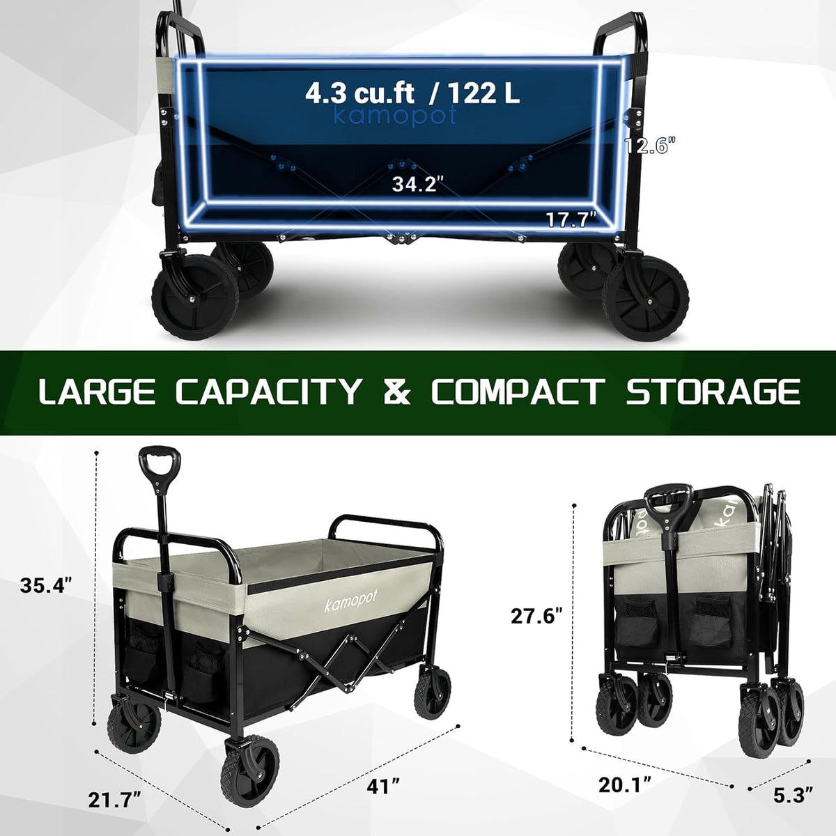 Large Collapsible Wagon Foldable for Grocery, Beach, Park, Yard, 34 x 18 Inch Inner Storage. Folding Utility Shopping Cart on Wheels. Heavy Duty, Durable w/Cupholders (Black-Gray)