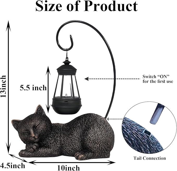 Cat Statue with Light Lantern Outdoor Garden Decor, Sleeping Cat Figurine with Solar-Powered LED Light, 13 Inches Tall Antique Bronze, Perfect for Gift Garden Decor or Housewarming for Cat Lovers