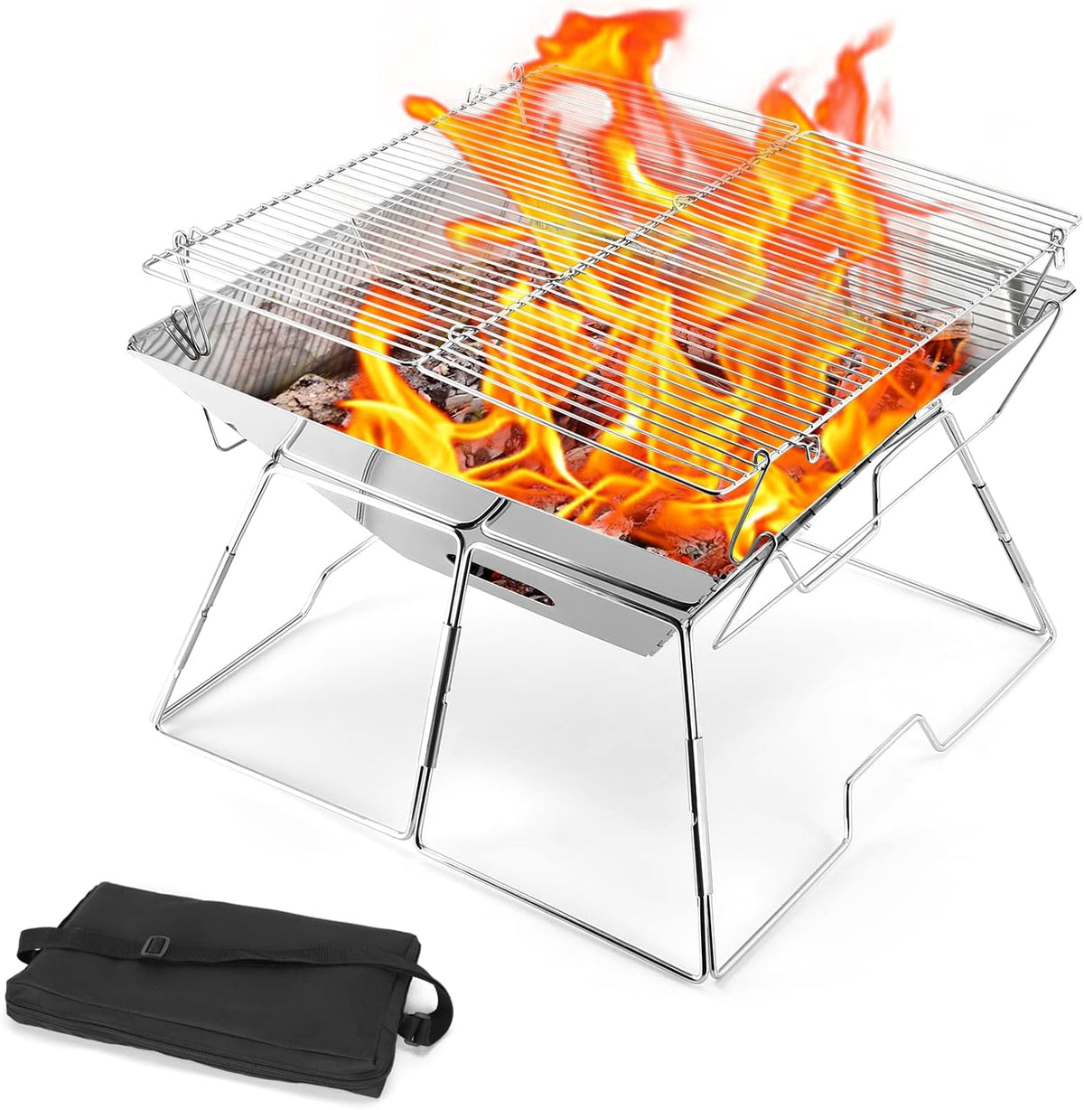 Odoland Folding Campfire Grill, 304 Stainless Steel Grate Barbeque Grill, Portable Camping Grill with Legs for Picnics, Backpacking, Outdoor with Carrying Bag and Kitchen Tongs