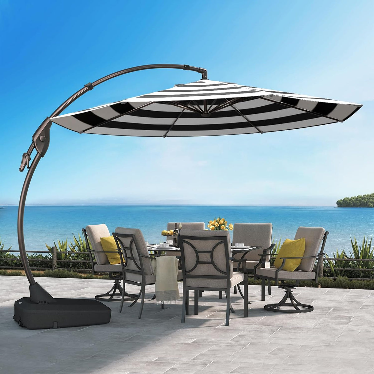Grand patio 12FT Outdoor Round Offset Umbrella Large Patio Aluminum Cantilever Umbrella with Base for Garden Deck Poolside (Black & White, 12 FT)