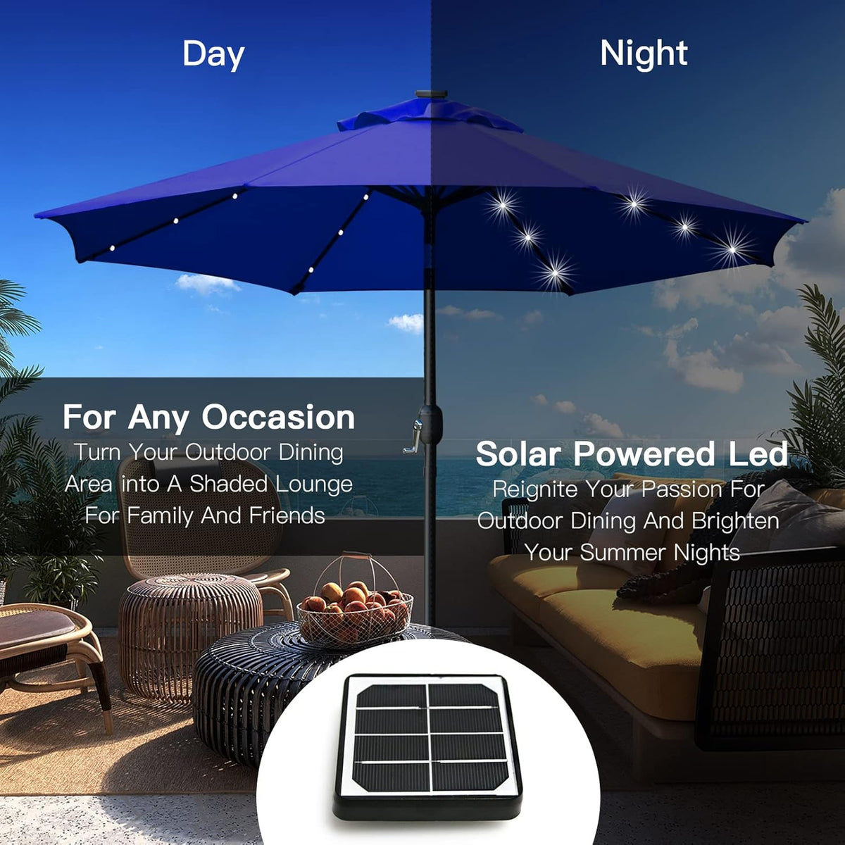 Sunnyglade 9' Solar LED Lighted Patio Umbrella with 8 Ribs/Tilt Adjustment and Crank Lift System (Navy Blue)