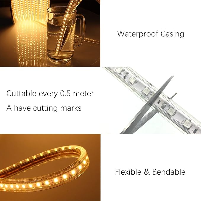 5050-60 Type AC 110-120V RGB LED Strip Lights, Flexible/Waterproof/Dimmable/Multi-Colors/Multi-Modes LED Rope Light + 24 Keys Remote for Home/Garden/Building Decoration (65.6ft/20m, RGB)