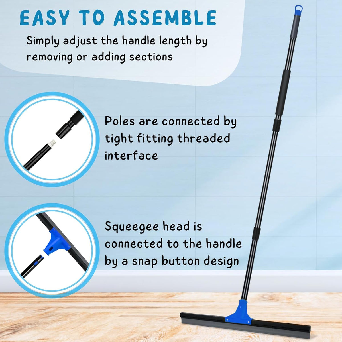 Floor Squeegee for Concrete and Tile Cleaning, 24'' Rubber Wiper Broom, Large Heavy Duty Water Scraper with 60'' Long Handle for Garage, Deck, Bathroom, Shower Glass, Window