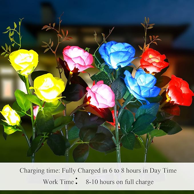 8 Pcs Solar Rose Flower Lights Colorful LED Solar Flower Lights Realistic Outdoor Floral Lights Power Decorative Flower Lights for Garden Patio Yard Pathway Decoration