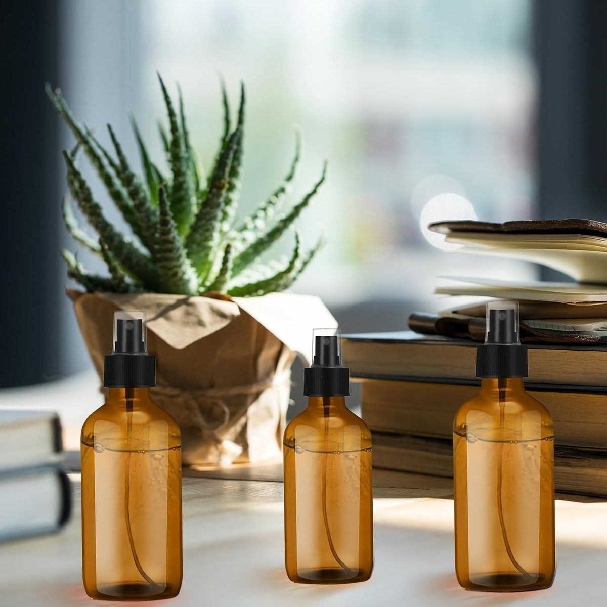 Norme 12 Pcs 8 oz Glass Spray Bottles with Funnels and Labels Refillable Cosmetic Empty Spray Bottles with Sprayer Containers for Essential Oil Cleaning Solutions(Amber,Stylish)