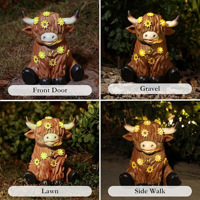 Highland Cow Decor, Highland Cow Gifts, Highland Cow Statue, Solar Garden Statue for Outside, Solar Garden Yard Patio Decor, Outdoor Statue for Garden, Yard, Gardening Gifts for Women, Mom