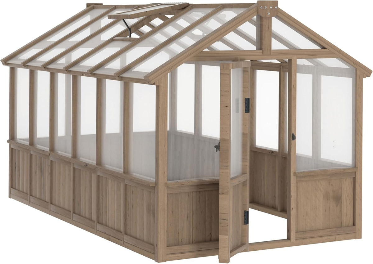 Mupater 6'x12' Wooden Polycarbonate Greenhouse,Outdoor with Ventilated Window and Lockable Door, Walk-in Greenhouse for Backyard, Patio, Lawn, Brown