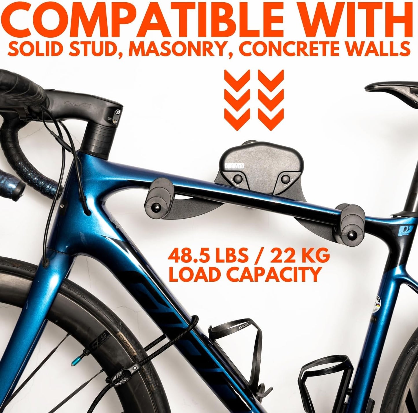 Bike Wall Mount - Horizontal Wall Hanger, Adjustable Design for Road, Mountain and Hybrid Bikes up to 48.5 lbs - Space-Saving Bike Rack for Garage or Apartment - Sturdy Indoor Bicycle Storage