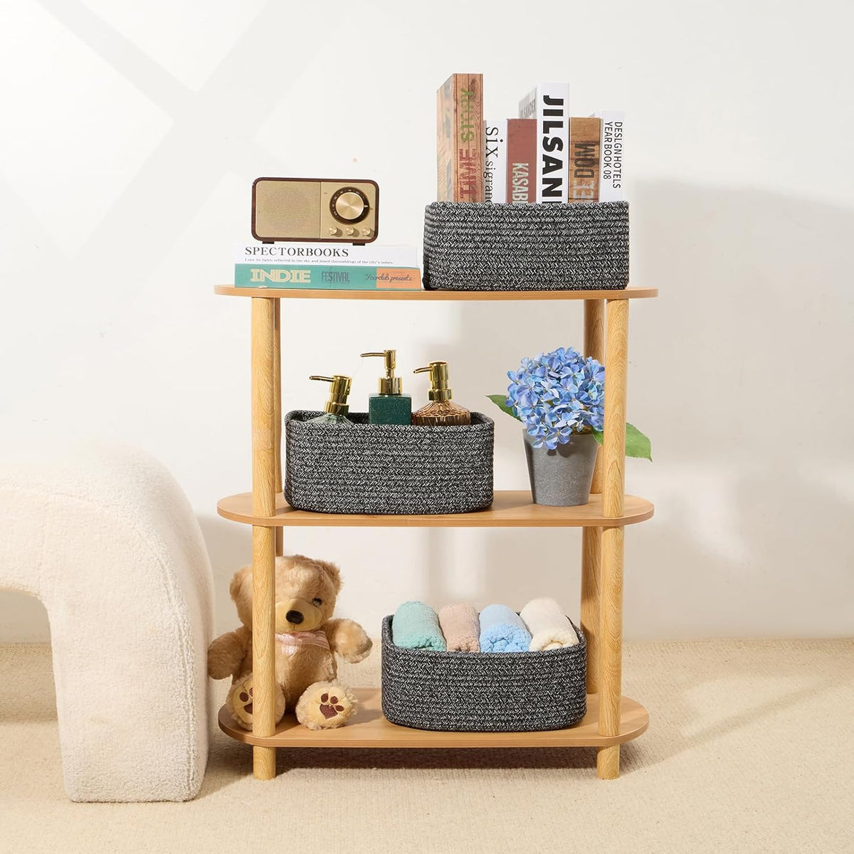 Small Storage Baskets for Organizing | Closet Organizer Bins | Shelf Toy Basket | Woven Rope Baskets | Cube Decorative Box | Shallow Basket | 11.5x7.5x4.7” | 4 Packs Dark Gray