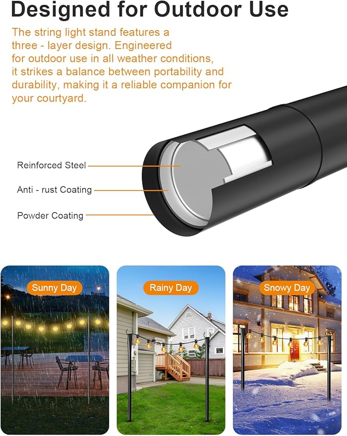 6 Pack String Light Poles for Outside, Thickened Metal Lights Hanger Pole Outdoor with Fork, Lighting Hanging Post Accessories for Patio Decor Garden Backyard Yard Front Porch Outside Decorations