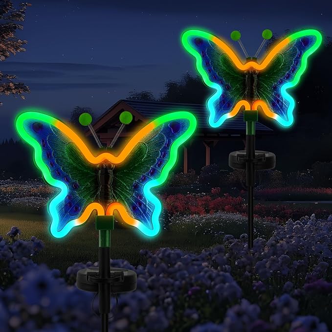 Butterfly Solar Garden Lights, Solar Butterfly Outdoor Lights, Garden Solar Decor for Outside,Solar Neon Lights,Yard Decorations Outdoor (Green,2pack)