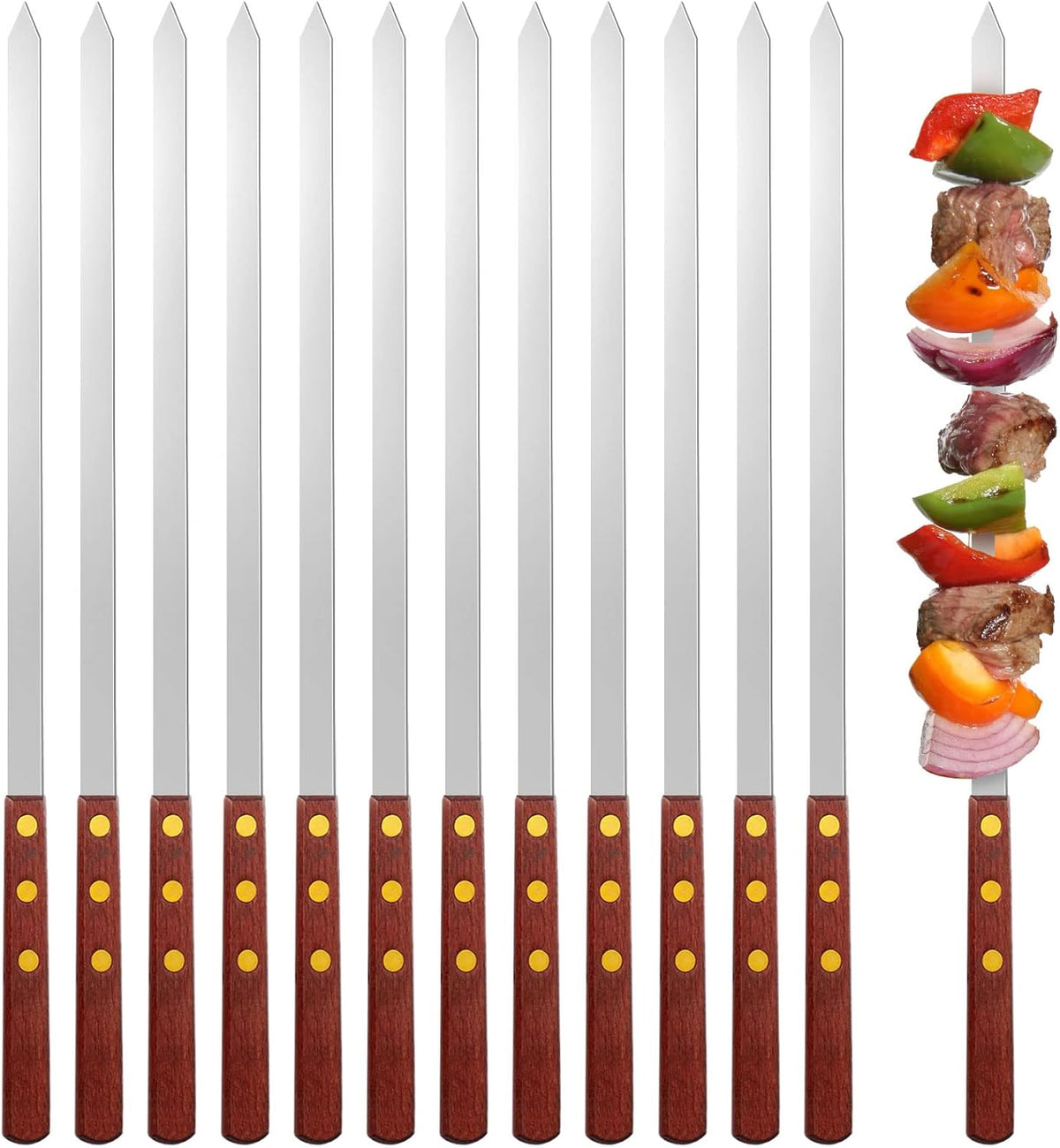 Cunhill 12 Pcs 17.7 Inch Kabob Skewers for Grilling 0.4 Inch Wide Flat Blade Thin Stainless Steel Kabob Sticks Long Barbecue Reusable Metal BBQ Skewers with Wood Handles for Tailgate Party Outdoor