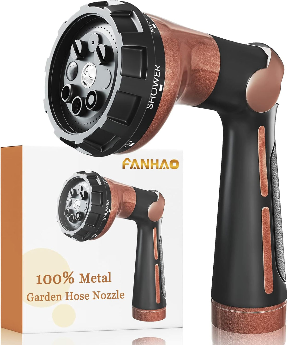 FANHAO Garden Hose Nozzle, 100% Heavy Duty Metal Water Hose Sprayer with 8 Spray Patterns, High Pressure Water Nozzle with Thumb Control, On Off Valve for Watering Plants, Washing Cars & Pets, Brown