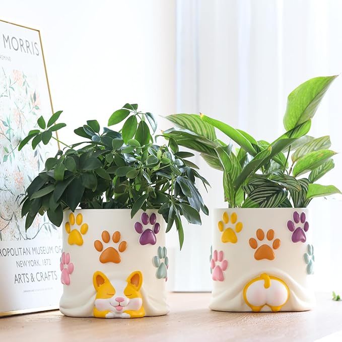 GUGUGO Cute Dog Planter Pots, Colorful Gardening Pots with Drainage Hole, Funny Unique Animal Flower Pots for Indoor Plants, Modern Boho Decor Funky Corgi Gifts for Corgi Lovers