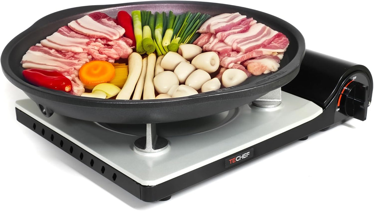 TECHEF - KBBQ Ultimate Set with Korean BBQ Grill Pan, Agni Portable Gas Stove Burner, Carrying Bag, 4 pack Butane Gas, Scissors, Made in Korea