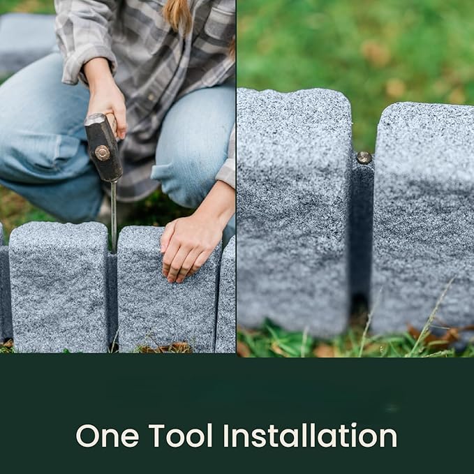 Beuta Landscape Edging | Garden Edging Border | Faux Stone Block XL for Lawn Edging, Flower Beds & Yard Edging – 1 Pack | Each Section Has 6 Blocks 48" L x 4" W x 9.5" H | 3 Spikes | Greystone