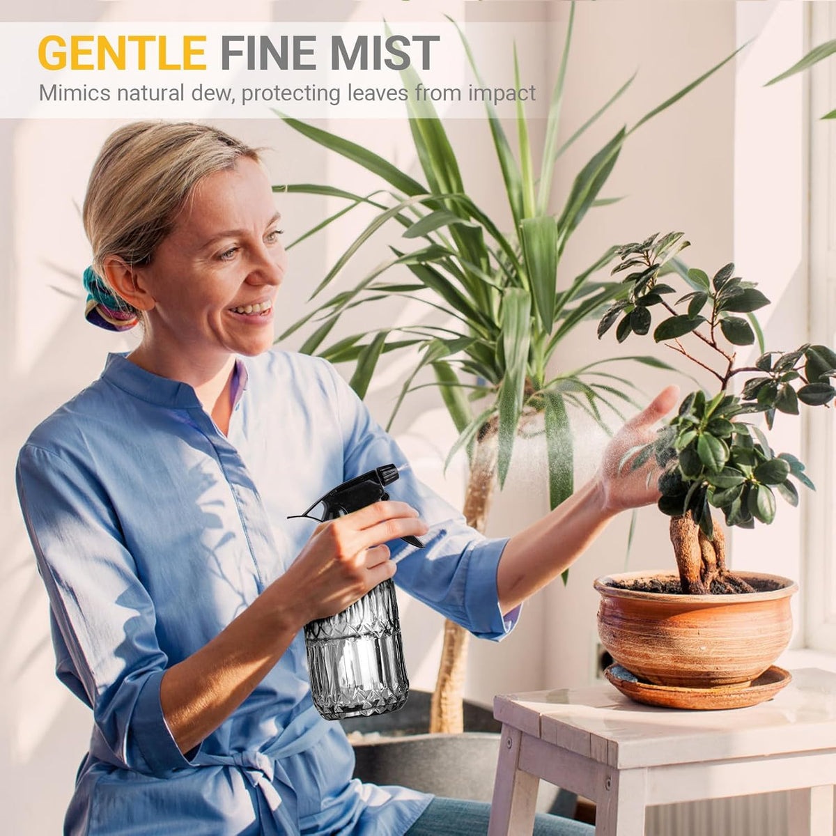 Plant Mister Spray Bottle, 13.5 oz Leak Proof Glass Spray Bottle for Inside Plants, Succulents, Herbs, Cleaning, Hair Care, Refillable Fine Mist Sprayer with Adjustable Mist Nozzle (Grey)