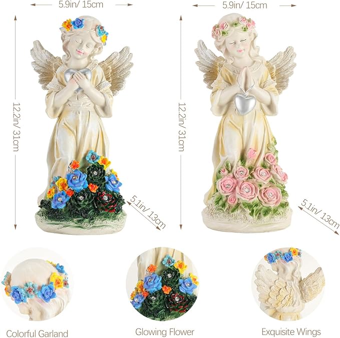 Angel Garden Statue 2Pcs,Love Heart Solar Garden Decor with Warm Light,Waterproof Praying Angel Statue with Flowers,Outdoor Garden Decor Sculpture for Lawn Yard Patio Garden Gifts,Apricot
