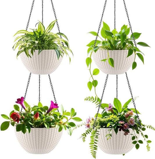Hanging Planters for Indoor Outdoor Plants 8/10 Inch, 4 Packs Plant Hanger with Drainage Holes, Hanging Basket Flower Pot Perfect for Home, Office and Garden,White