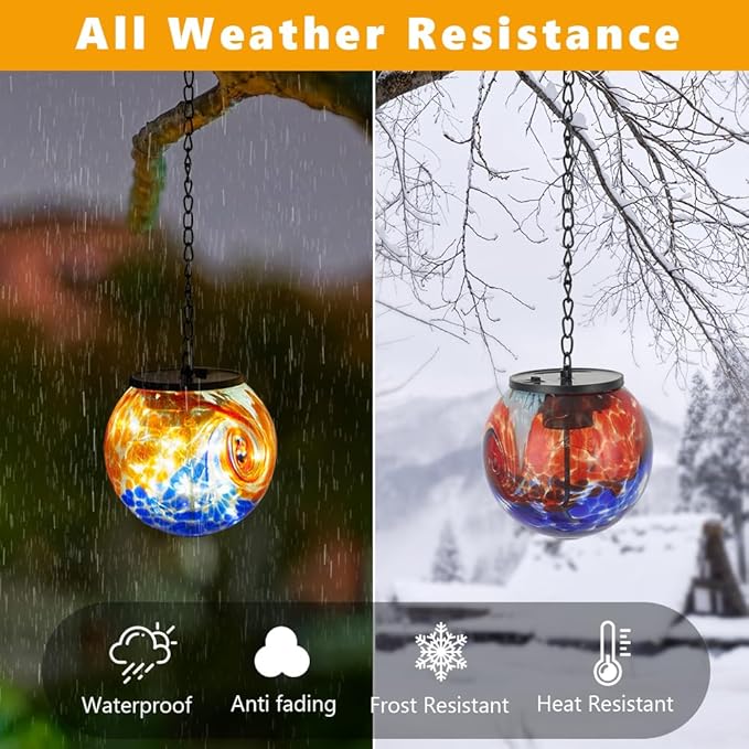 Hanging Solar Lanterns Outdoor Waterproof, Hanging Glaze Glass Solar Lantern, Gazing Ball Lantern Waterproof Decor for Yard Garden Patio