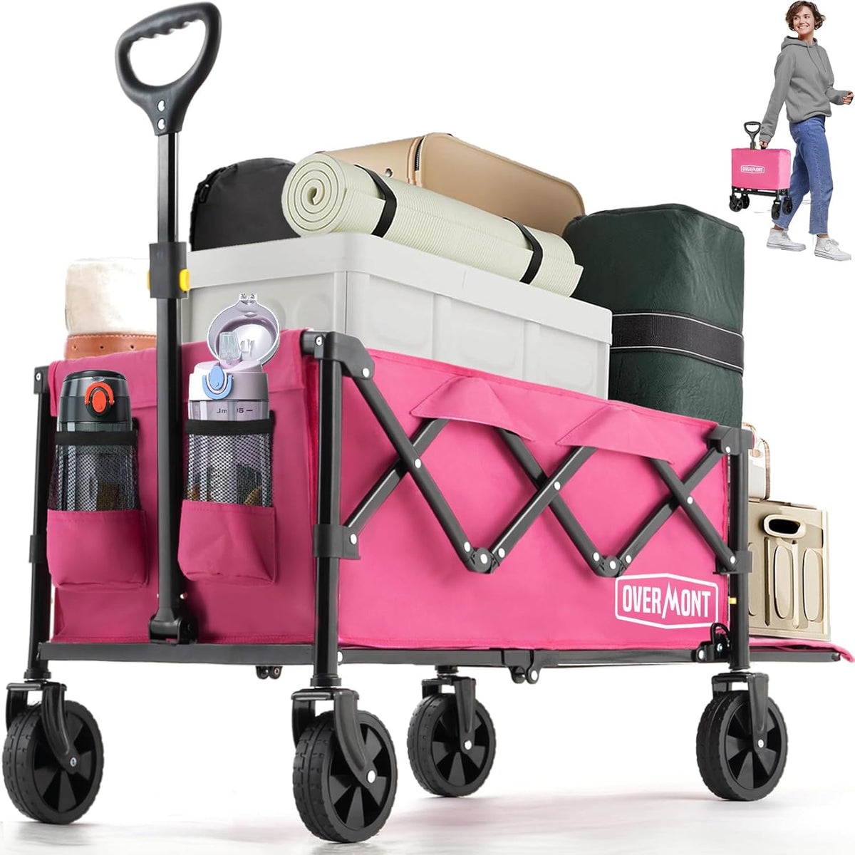OVERMONT Collapsible Wagon with Tailgate - 220lbs Extended Lightweight Foldable Utility Wagons Folding Cart with Wheels - Small Garden Grocery Cart for Shopping,Grocery,Sports,Garden