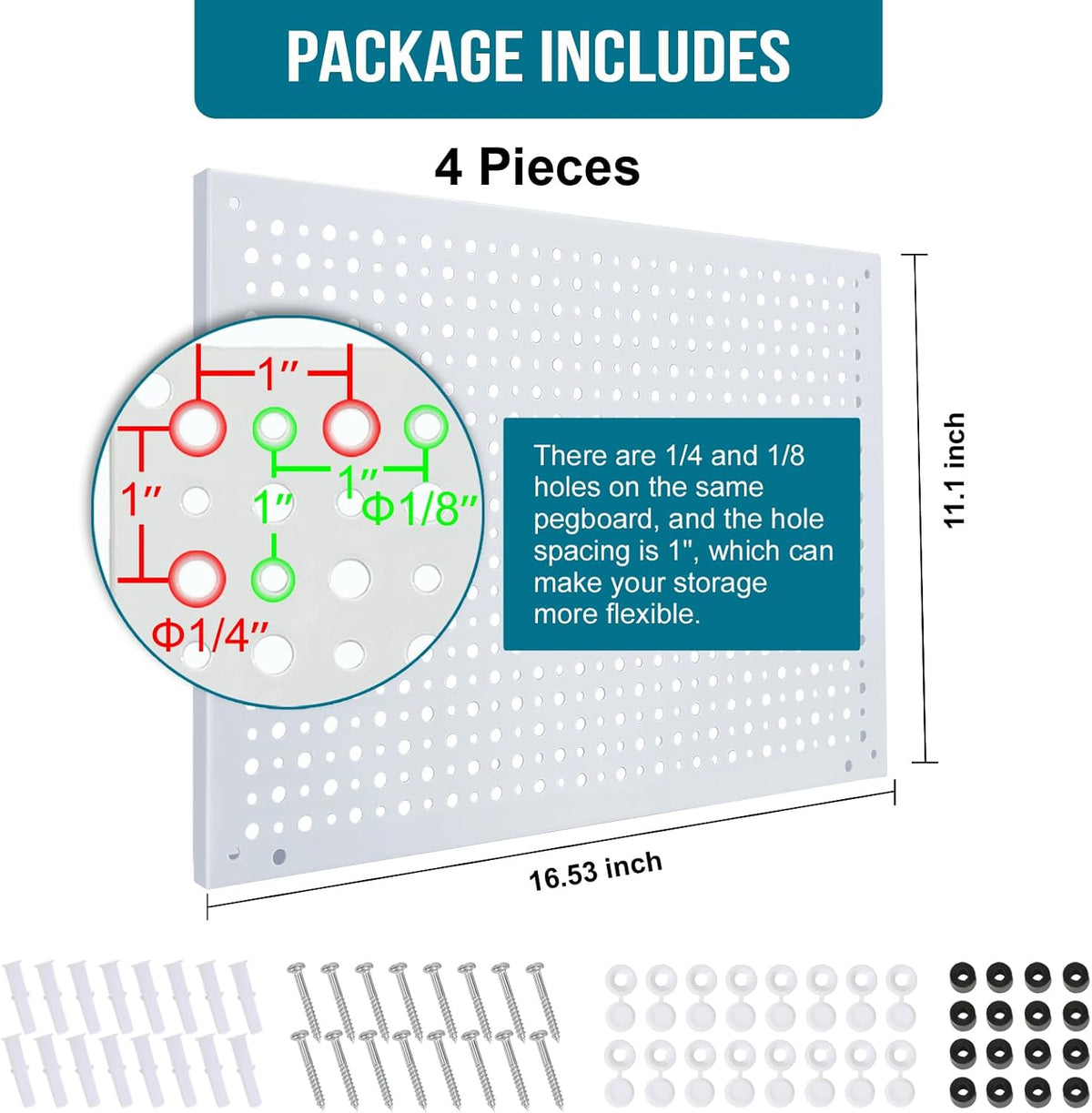Peg Board, Heavy Duty Steel Organization Panels, Universal 1/8 and 1/4 Peg Board Accessories, Ideal for Garage Tool Storage, Pack of 4(White, 16X10.5)