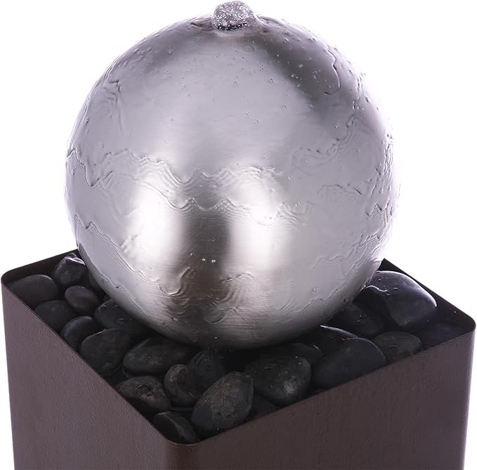 Alpine Corporation CPS188 Indoor Outdoor Modern Metal Orb Water Floor Fountain with River Rock Stone for Patio, Garden and Living Room, 37" H, Brown