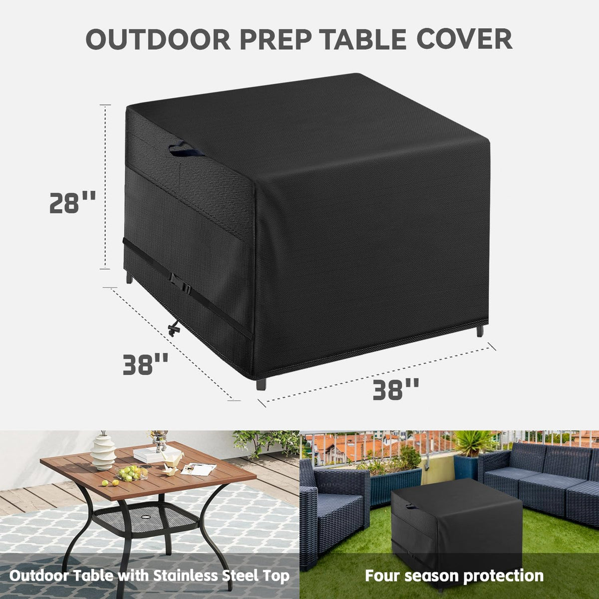 Outdoor Patio Square Table Cover 38 inch Black Heavy Duty Waterproof Cover for Square Slatted Tabletop