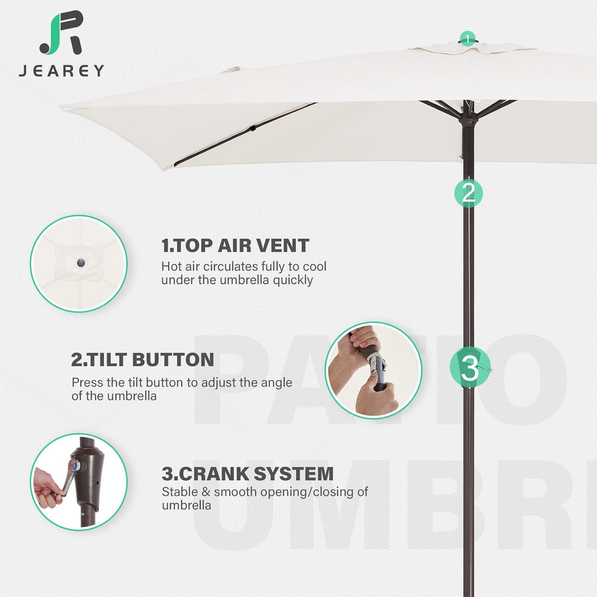 JEAREY 6.5x10 ft Rectangular Patio Umbrellas Outdoor Market Umbrella with Push Button Tilt and Crank, Rectangle Table Umbrella 6 Sturdy Ribs UV Protection for Pool Garden Backyard Deck, Cream-White
