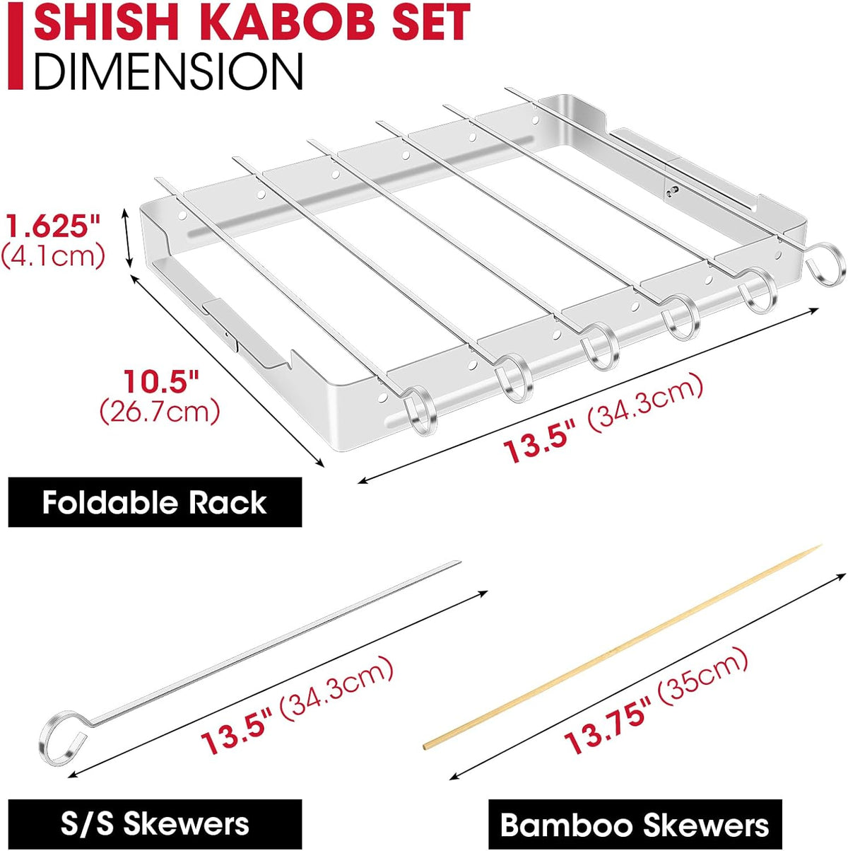 Unicook Upgraded Stainless Steel BBQ Shish Kabob Set, Large Foldable Grill Rack with 6pcs 13.5"L Barbecue Skewer, Keeps Kabobs from Sticking to the Grill Grate, 30pcs Bamboo Skewers as Bonus