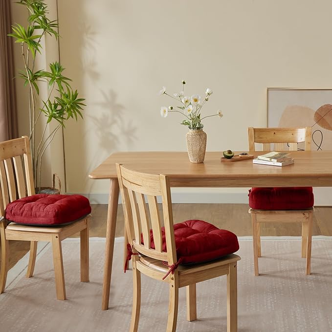 Chair Cushions for Dining Chairs, Dining Chair Cushions, Tufted Indoor Chair Pads with Ties & Non Slip Backing, Seat Cushions for Kitchen Chairs 16.5” x 16.5” x 3.5”, Set of 4, Red