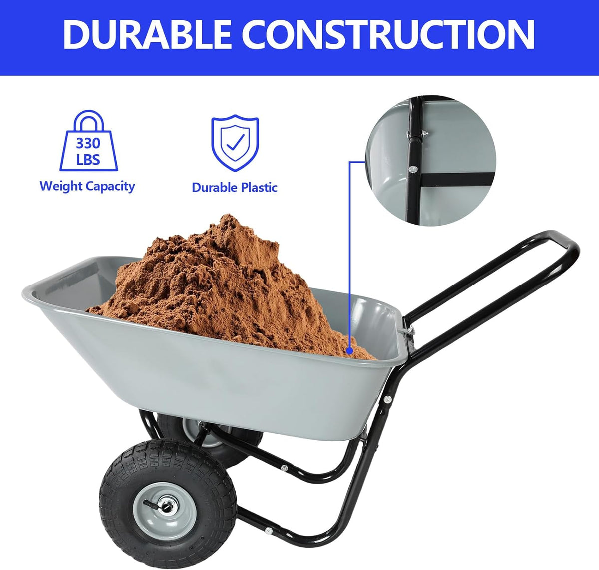 Dual Wheel Wheelbarrow, Heavy Duty Garden Cart, 300 lbs Capacity Utility Cart with Two 15 inches Pneumatic Tires for Outdoor Lawn Yard Farm Ranch (Gray)