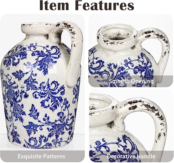Ceramic Rustic Farmhouse Vase, 9 inch Ceramic Blue and White Vase for Centerpieces Pampas Grass Pottery Jug with Handle Boho Chinoiserie Decor Vintage Vases for Living Room Kitchen Dinner Table Shelf