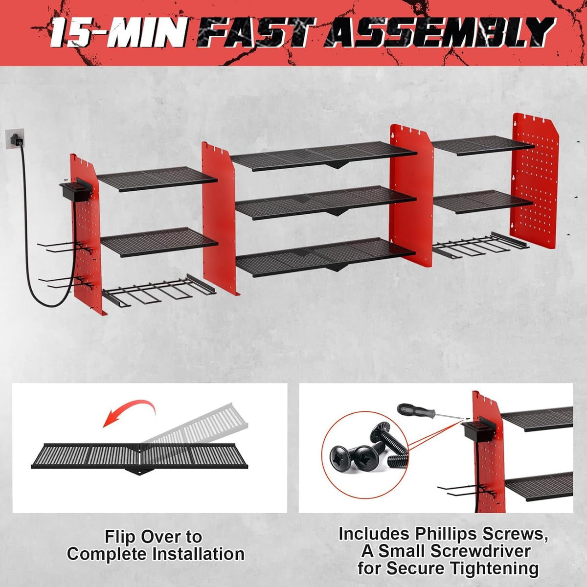 Power Tool Organizer Wall Mount with Charging Station, 45.5" Expanded Garage Wall Tool Organizer with 4 Pegboard Hooks, 6.5FT Outlet Power Strip, Large Garage Storage Rack for Impact Wrenches