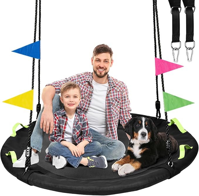 48 inch Tree Swing, Larger Saucer Flying Swing for Whole Family, 900lbs Weight Capacity, with Adjustable Hanging Straps, for Outdoor Backyard, Gifts for Kids, Black
