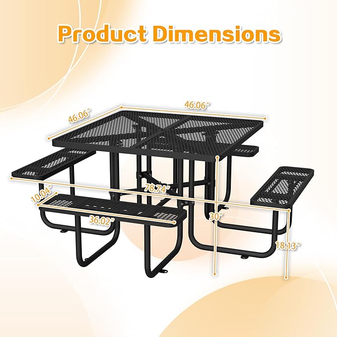 79'' Steel Square Picnic Table for Outdoors, Expanded, Lifetime Picnic Table with Umbrella Hole, Heavy Duty Sturdy Commercial Picnic Tables for Garden Courtyard BBQ, Black